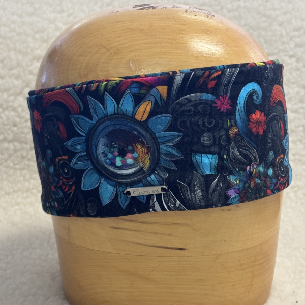 Dámská čelenka modrá  s potiskem  barevné květy na černém