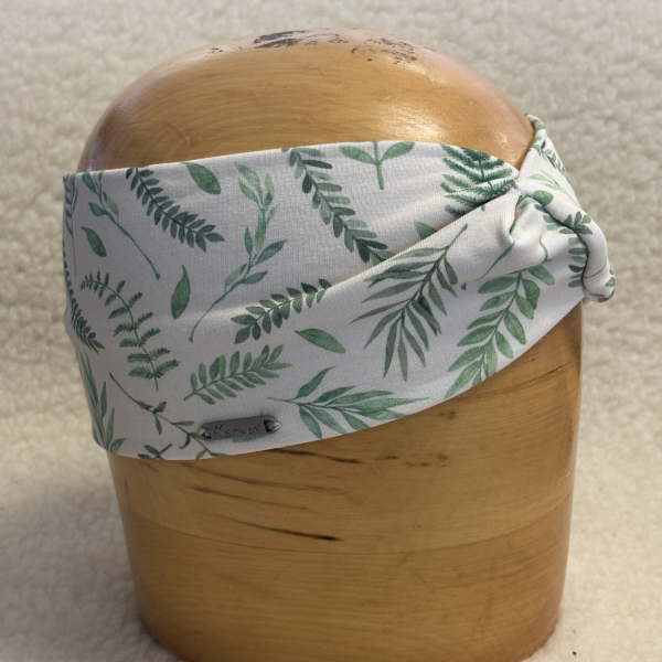 Dámská křížená čelenka modrá  s potiskem listu a kapradí